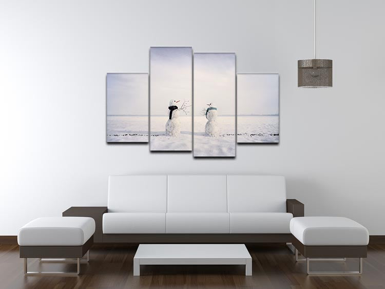 You and I Snowmen 4 Split Panel Canvas artwork featuring four charming snowmen in a winter scene.