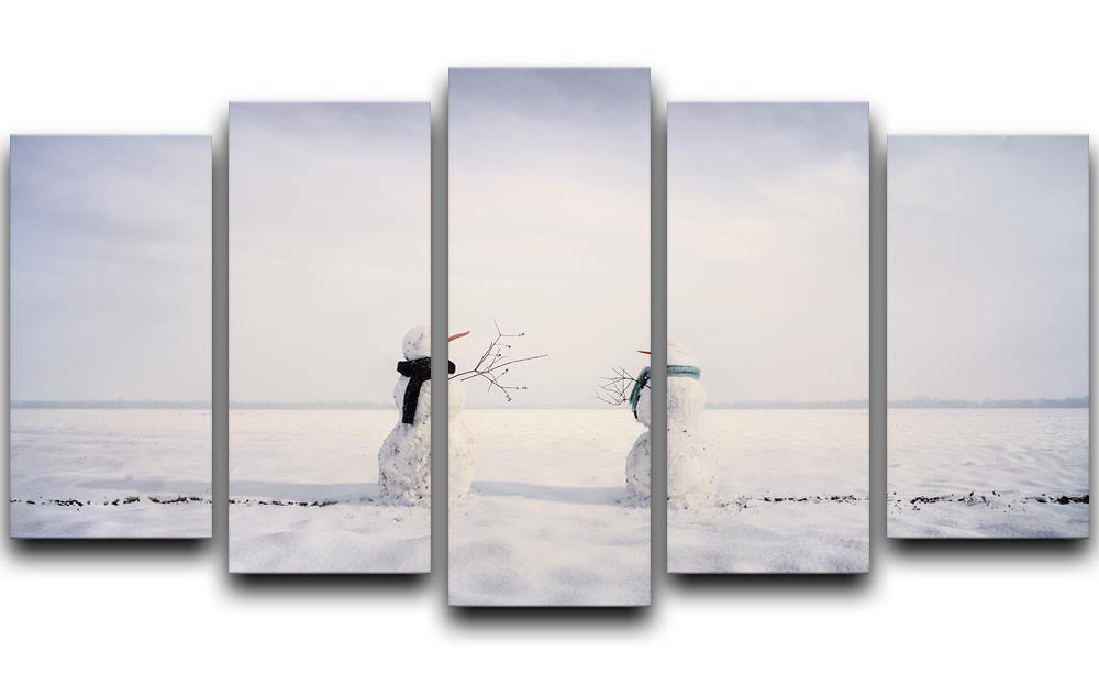 You and I Snowmen 5 Split Panel Canvas artwork featuring charming snowmen in a winter scene, divided into five panels for a dynamic display.