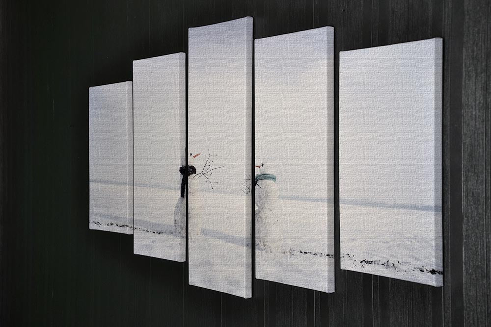 You and I Snowmen 5 Split Panel Canvas artwork featuring charming snowmen in a winter scene, divided into five panels for a dynamic display.