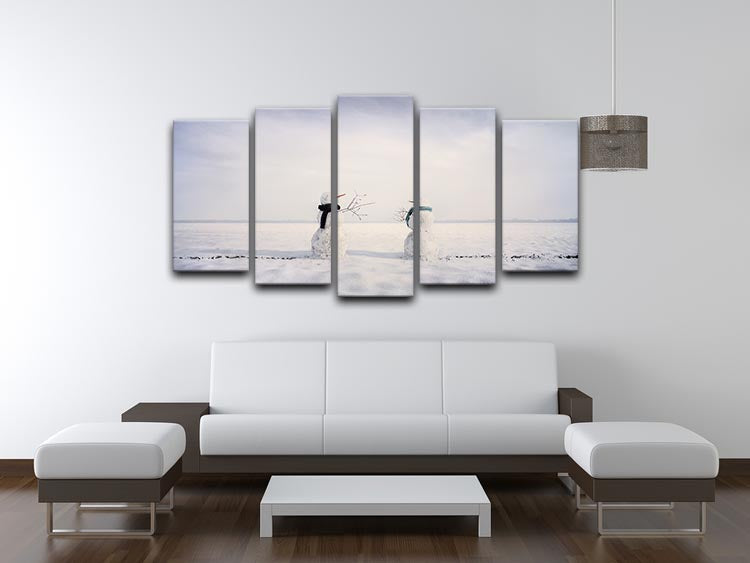 You and I Snowmen 5 Split Panel Canvas artwork featuring charming snowmen in a winter scene, divided into five panels for a dynamic display.