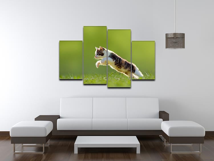 A vibrant 4 split panel canvas featuring a young cat jumping over a lush green meadow, beautifully backlit for enhanced colors.