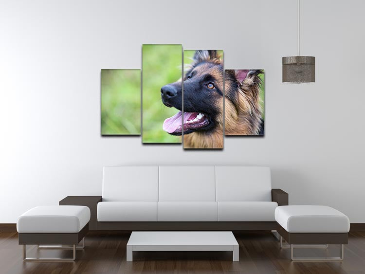 A stunning 4-split canvas artwork of a young German Shepherd playing on the grass in a park, showcasing vibrant colors and dynamic design.