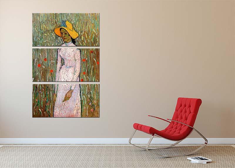 Three-panel canvas art featuring Van Gogh's Young Girl against a wheat background, showcasing vibrant colors and intricate details.
