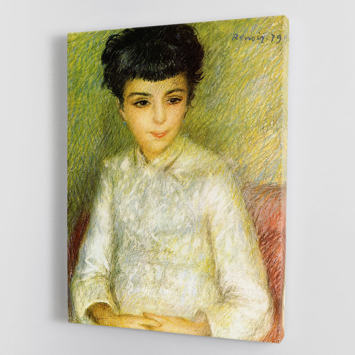 Canvas print of Renoir's Young Girl with Brown Hair, showcasing a young girl with brown hair in a soft, impressionistic style.
