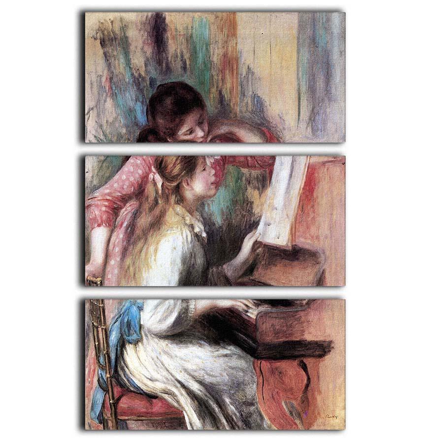 Three-panel canvas print of Renoir's Young Girls at the Piano, showcasing vibrant colors and intricate details.