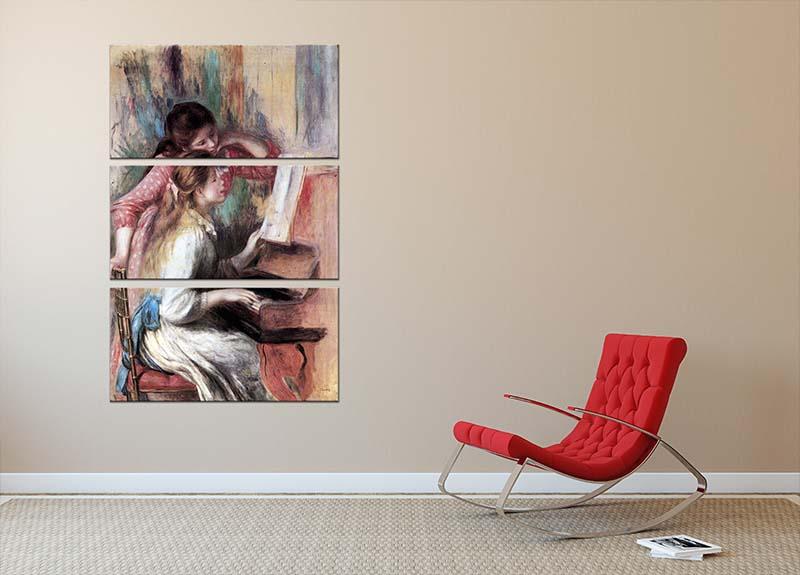 Three-panel canvas print of Renoir's Young Girls at the Piano, showcasing vibrant colors and intricate details.