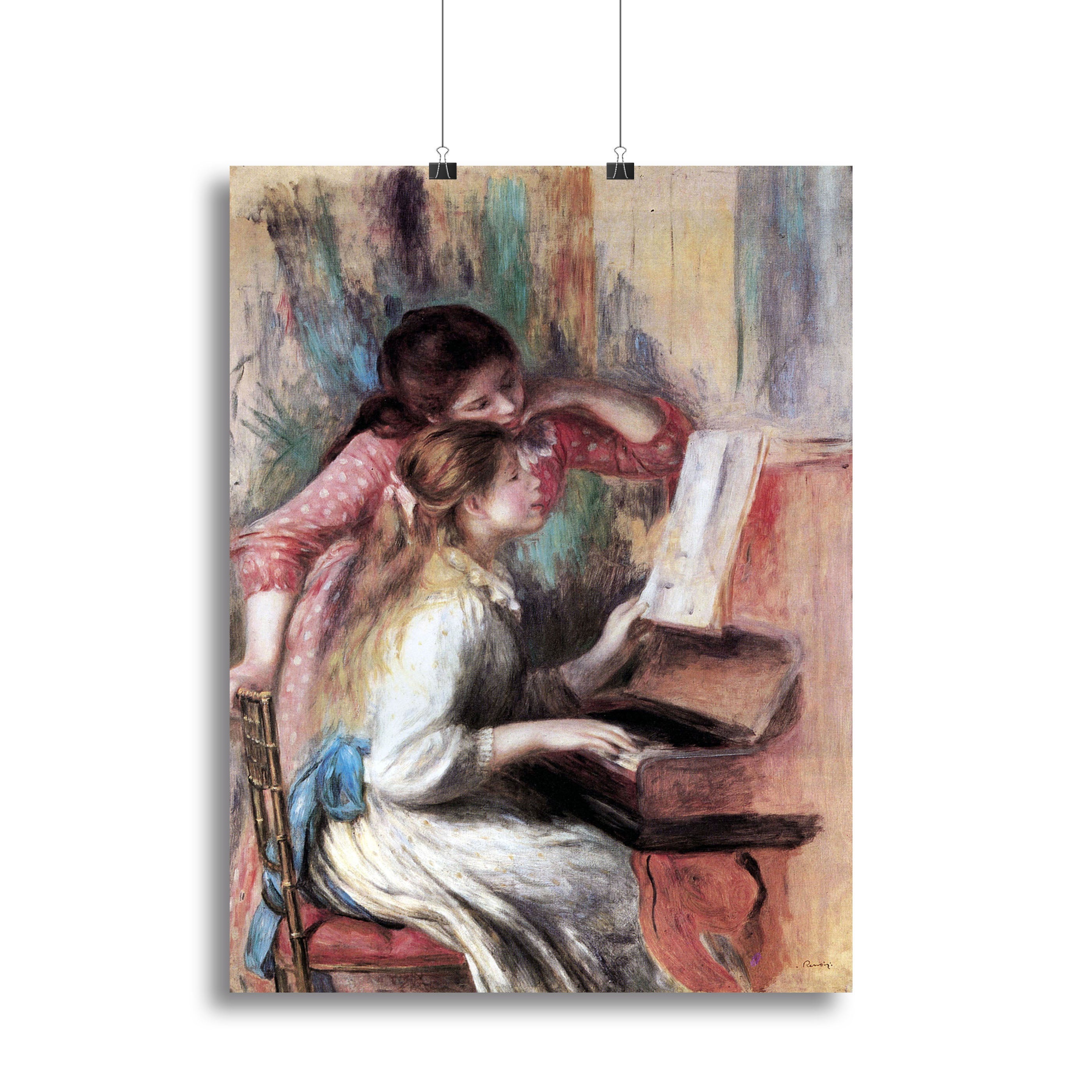 A beautiful canvas print of Renoir's 'Young Girls at the Piano', showcasing two girls playing music together in a vibrant and colorful setting.