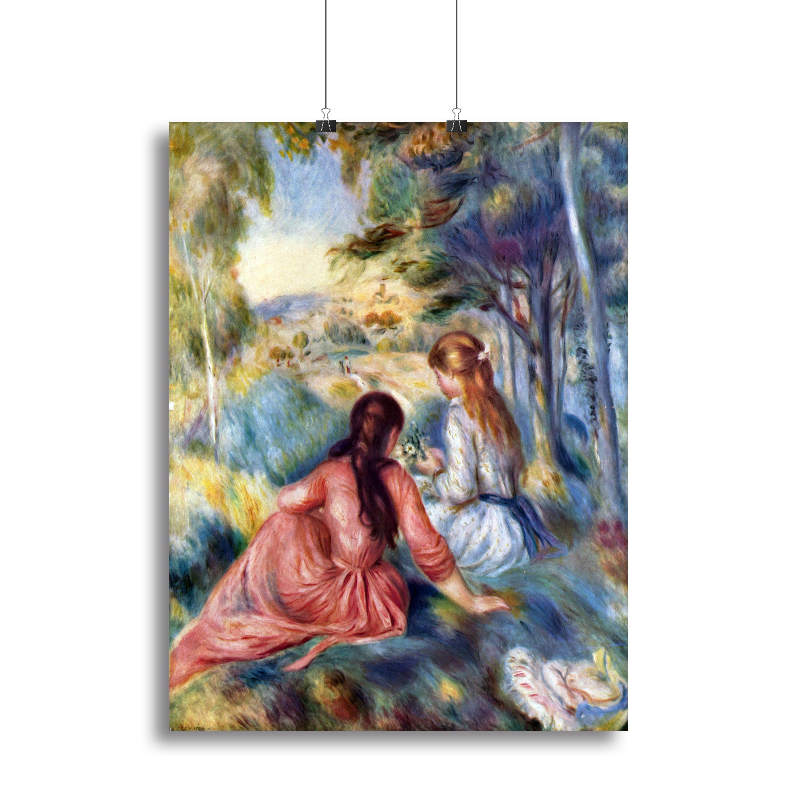 Canvas print of Young Girls in the Meadow by Renoir, depicting two girls in a sunlit meadow surrounded by flowers.