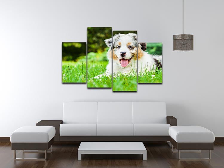 A charming young puppy lying on lush green grass in a public park, depicted in a 4-split canvas art format.