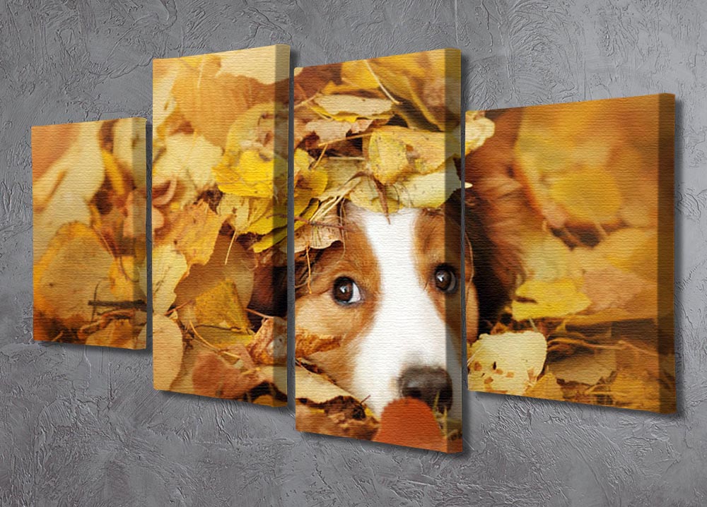 A vibrant 4-split canvas artwork featuring a young red border collie dog playing with colorful leaves, showcasing dynamic and playful energy.