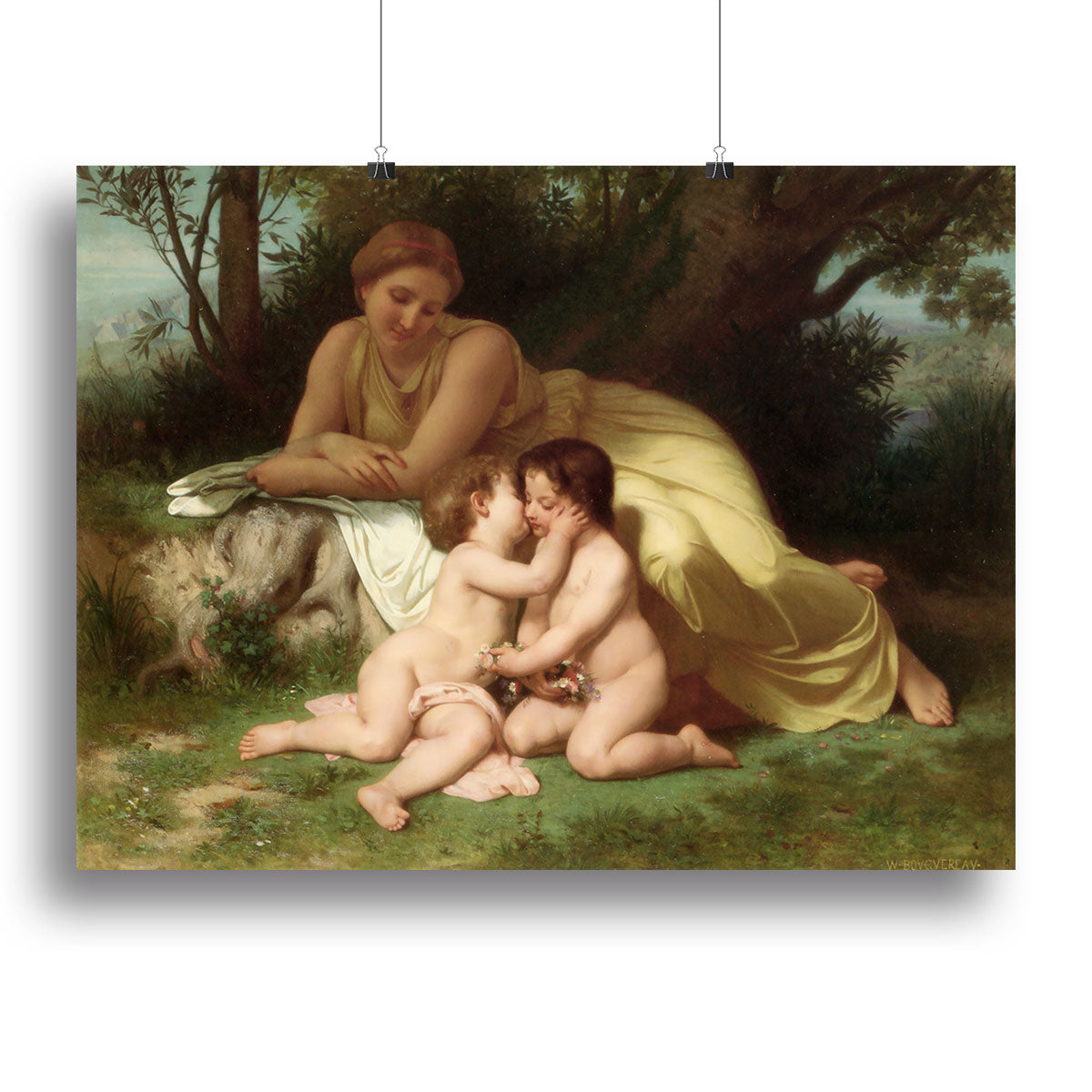 Canvas artwork depicting a young woman contemplating two embracing children, showcasing warmth and familial love.