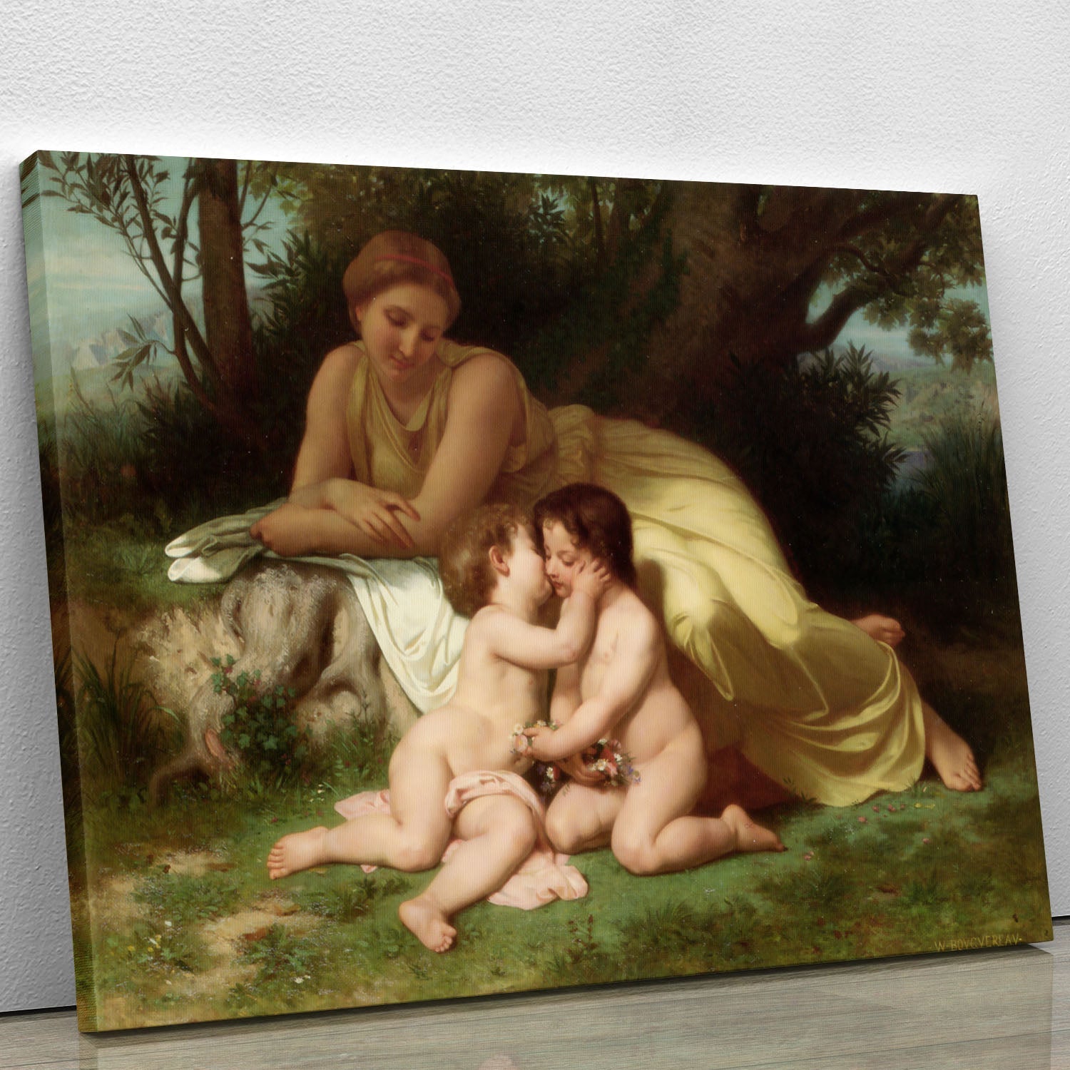 Canvas artwork depicting a young woman contemplating two embracing children, showcasing warmth and familial love.