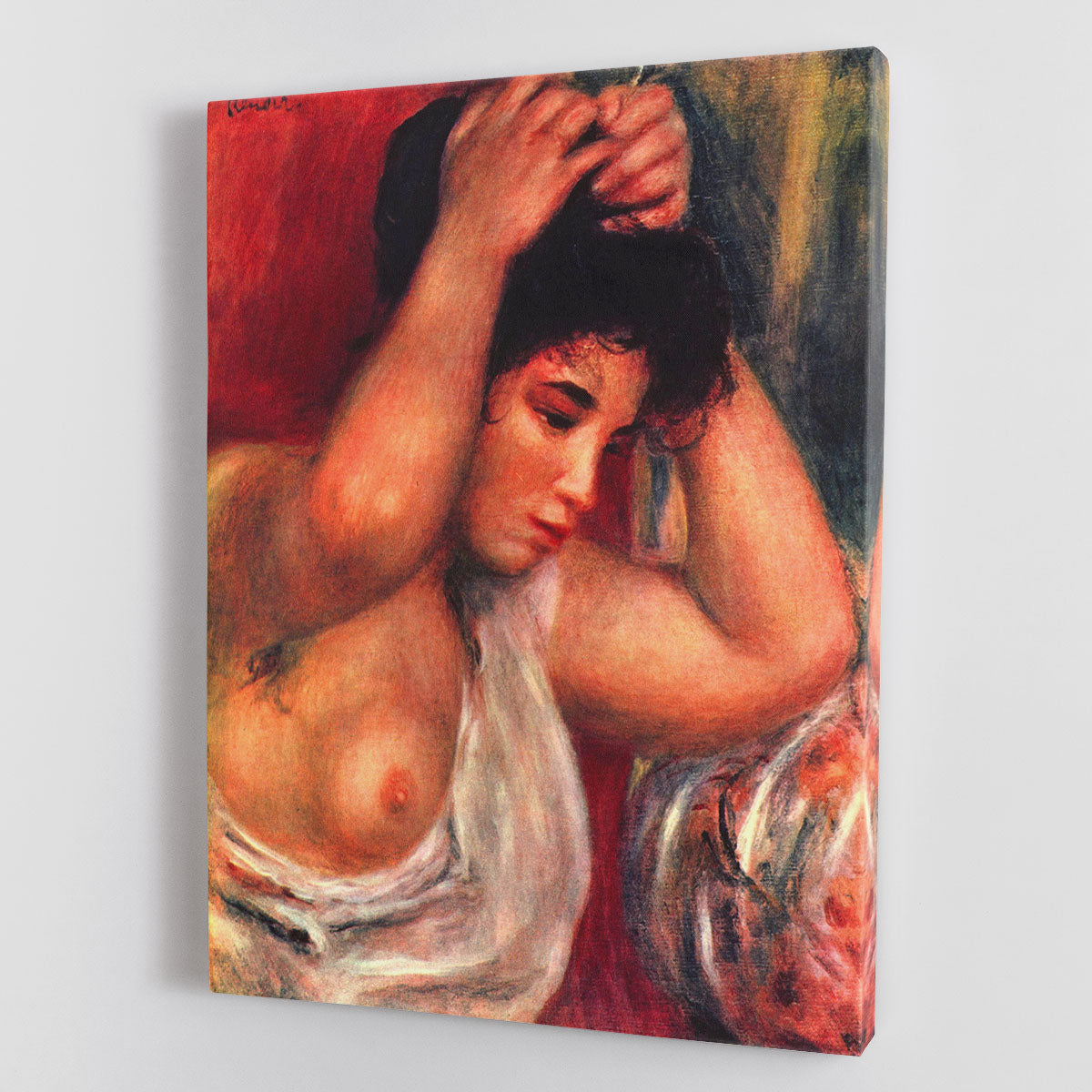 Canvas print of Renoir's Young Woman Hairdressing, showcasing a young woman in a serene moment, perfect for elegant decor.