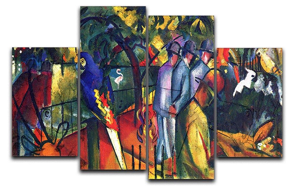 Macke 4 Split Panel Canvas featuring vibrant zoological gardens, showcasing lush greenery and exotic animals in a dynamic arrangement.