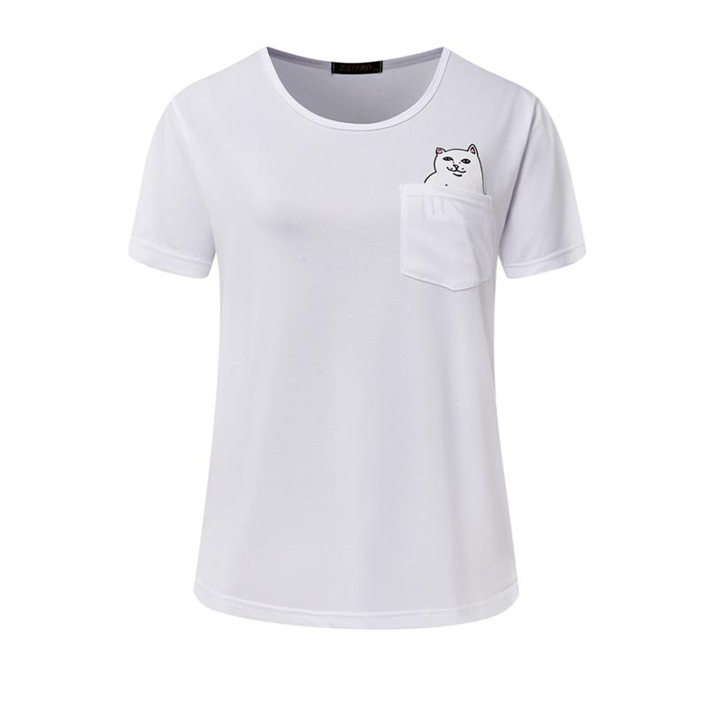 ZSIIBO Fashion Funny Cheap Cat women's Pocket Cat T-Shirt in various colors with a playful cat design.