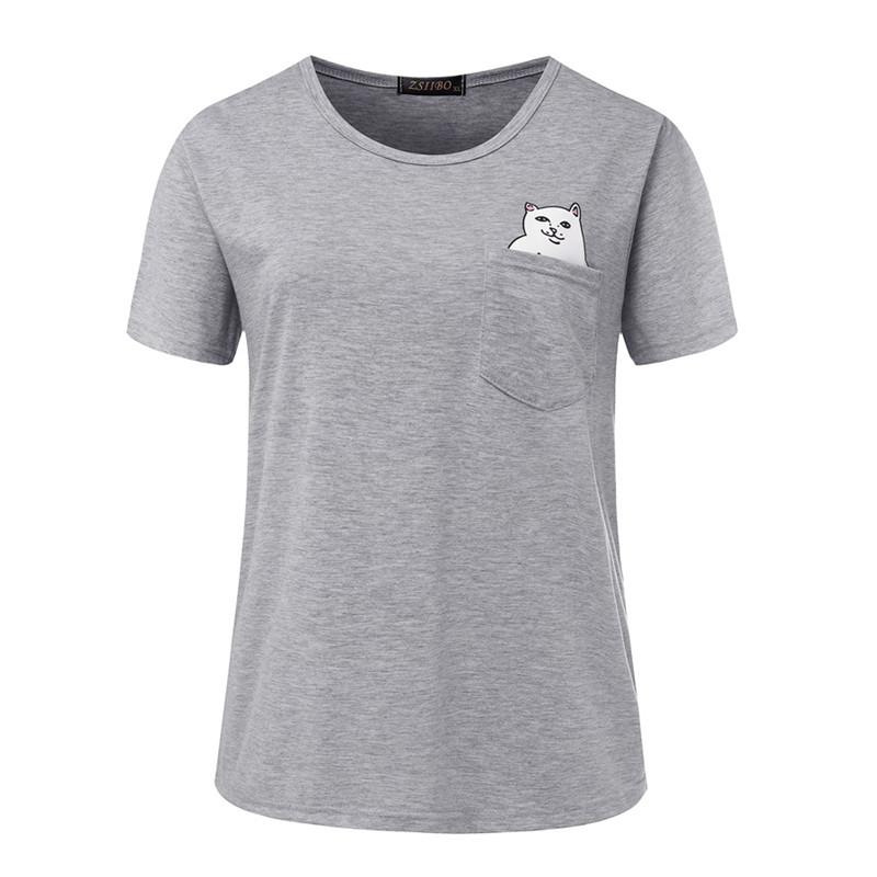 ZSIIBO Fashion Funny Cheap Cat women's Pocket Cat T-Shirt in various colors with a playful cat design.