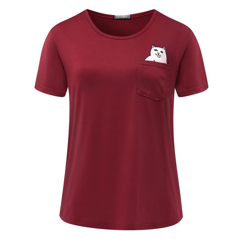 ZSIIBO Fashion Funny Cheap Cat women's Pocket Cat T-Shirt in various colors with a playful cat design.