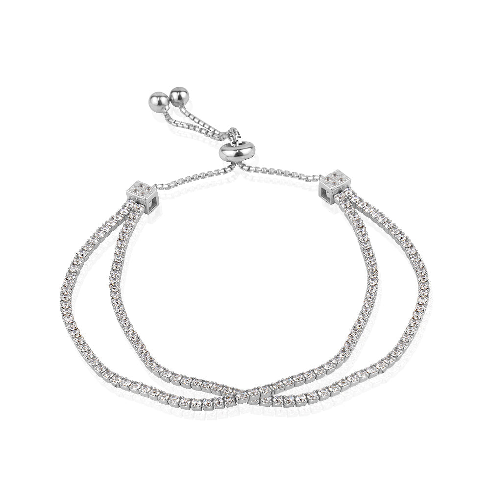 Elegant 5A Cubic Zirconia Double Strand Bracelet made of 925 sterling silver with rhodium plating, featuring an adjustable bolo clasp.