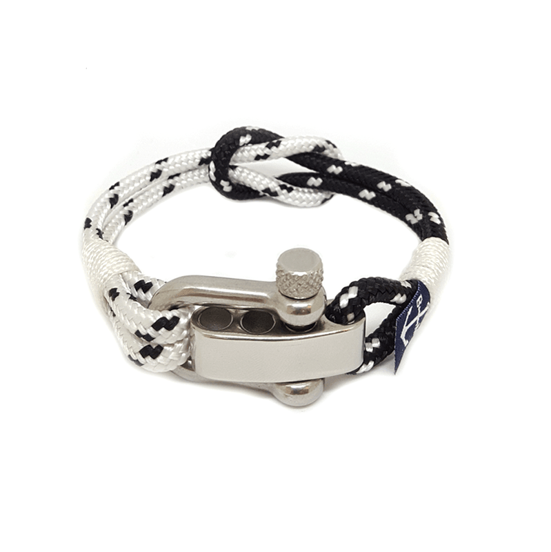 Adjustable Shackle Black and White Bracelet featuring nautical ropes and stainless steel shackle, perfect for stylish wear.