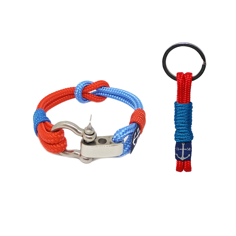 Adjustable Shackle Blue-Red Nautical Bracelet & Keychain showcasing vibrant colors and stainless steel shackle, perfect for stylish wear.