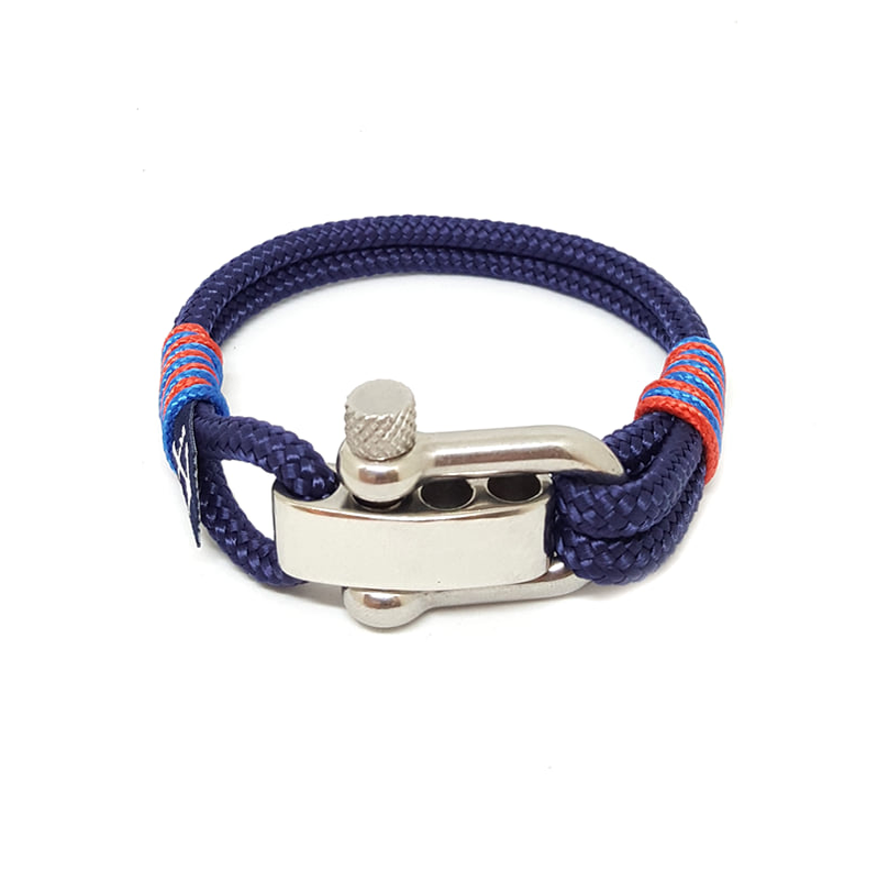Adjustable Shackle Yachting Nautical Bracelet featuring blue and red nautical ropes with a stainless steel shackle, elegantly displayed.