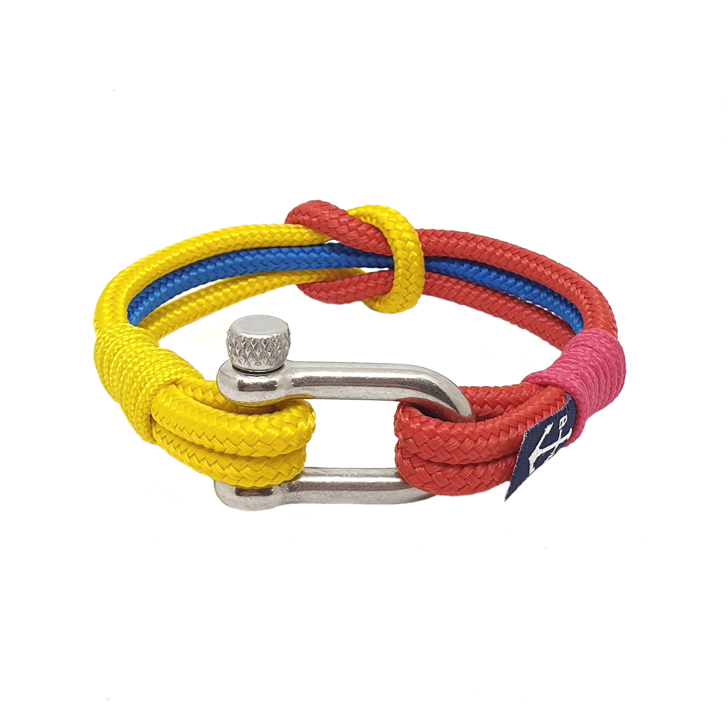 Ailbhe Nautical Bracelet featuring vibrant yellow and red sailing ropes with a stainless steel shackle, elegantly displayed.