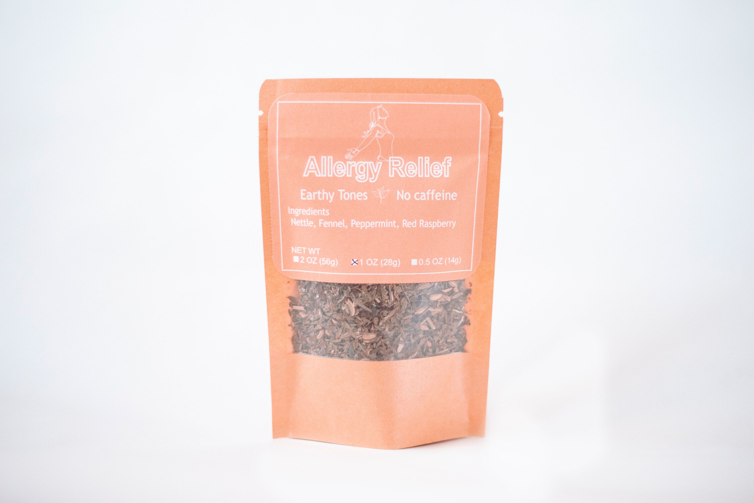 A selection of Allergy Relief Herbal Blend loose teas in various sizes, showcasing the packaging and loose leaf tea.