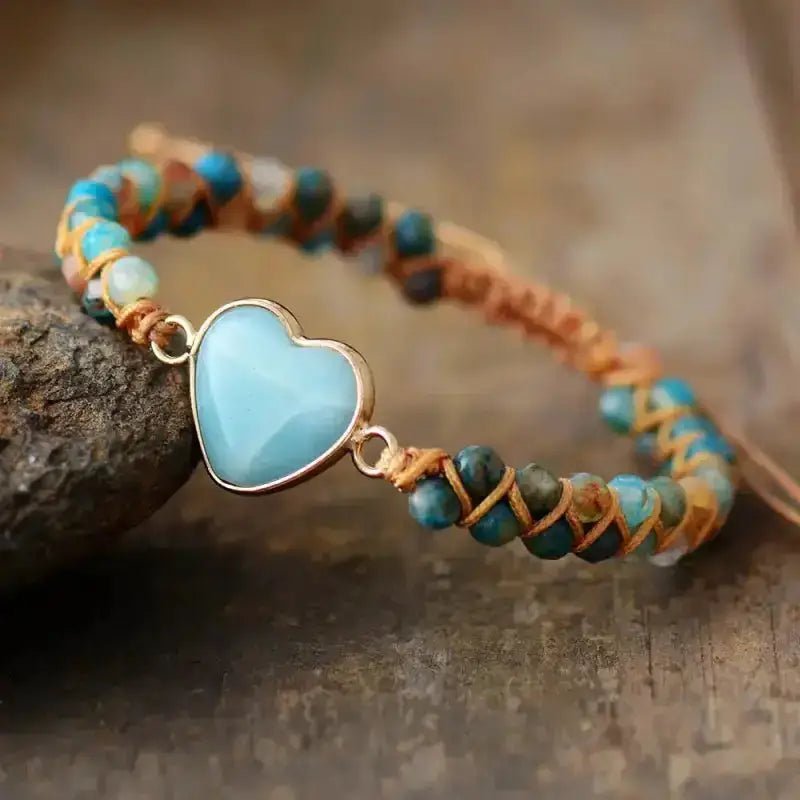 Amazonite Heart Charm Macrame Bracelet featuring semi-precious beads and a delicate heart charm, showcasing a bohemian style.