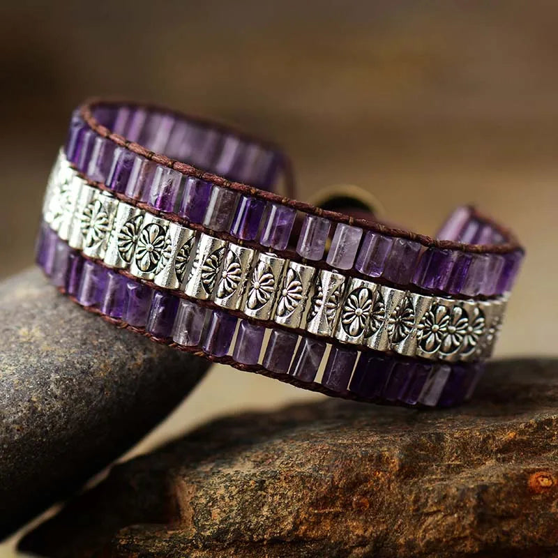 Amethyst Antique Statement Wristband Bracelet featuring natural Amethyst stones and a vegan rope strap, showcasing a bohemian style.