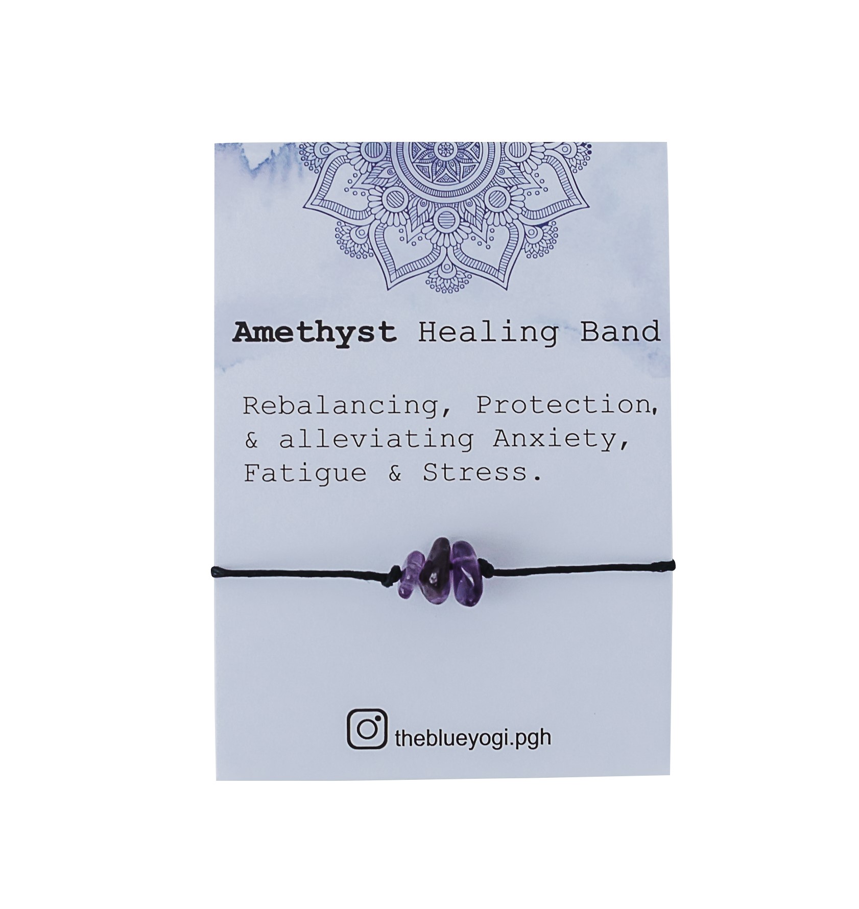 Amethyst Wish Bracelet featuring natural gemstones and a tie closure, displayed with a watercolor Mandala art card.