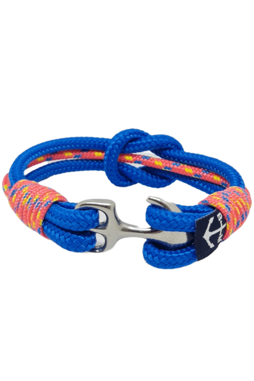An Bradán Feasa Bracelet featuring blue and pink nautical ropes with a wooden anchor, handmade in Dublin, Ireland.