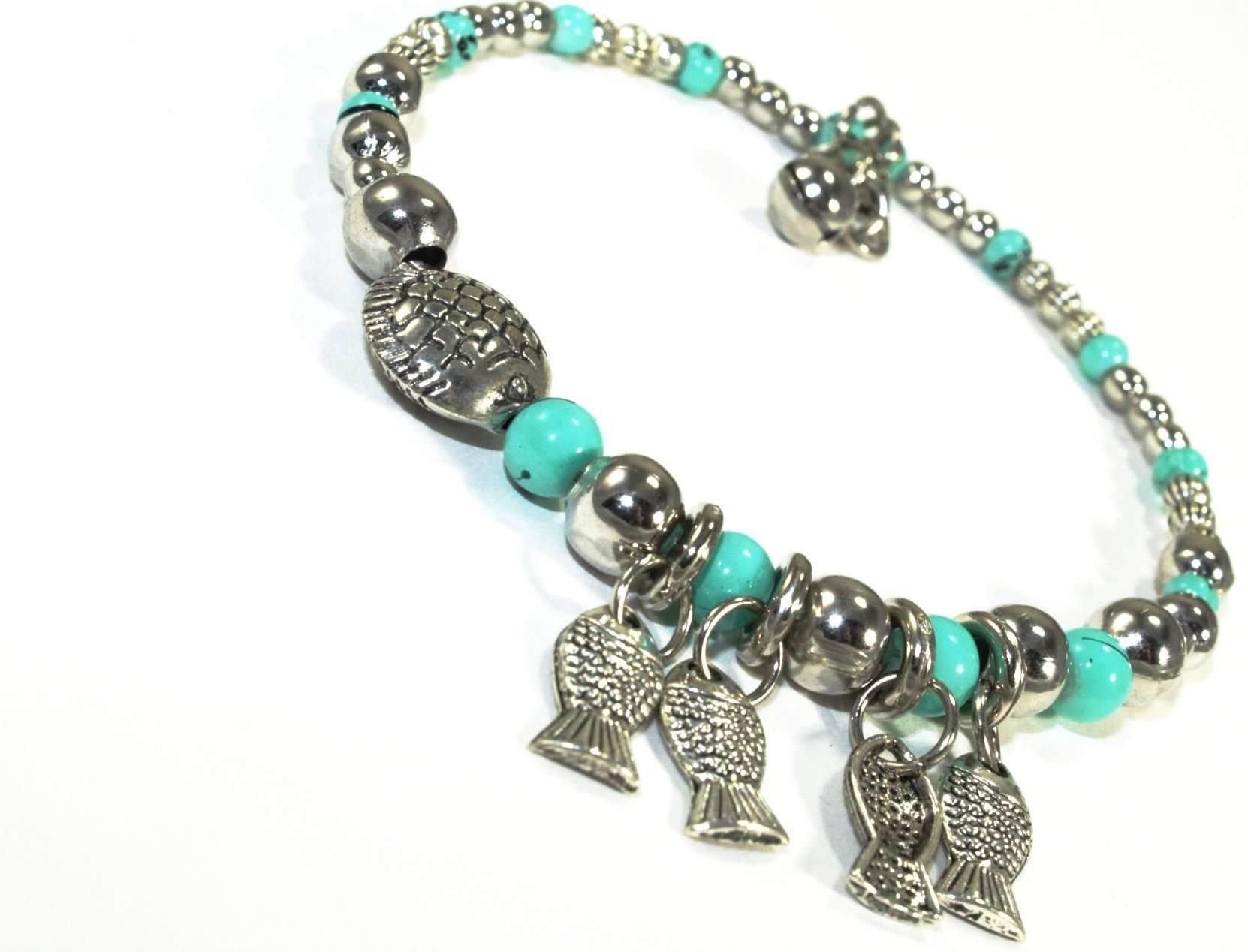 Blowfish & Buddies Charm Bracelet featuring colorful beads and silver tone fish charms, adjustable for wrist or ankle wear.