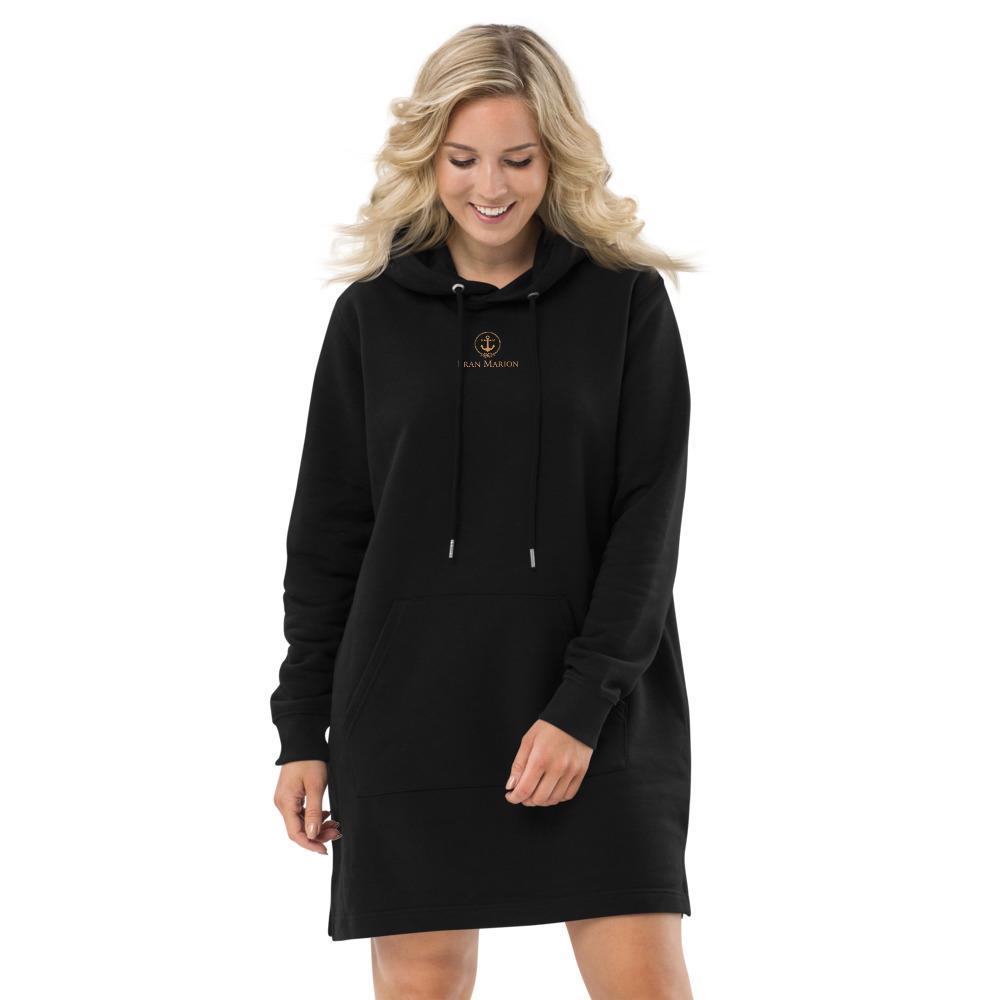 A cozy BM Hoodie dress made from organic cotton and recycled polyester, featuring a double-layered hood and front pocket.