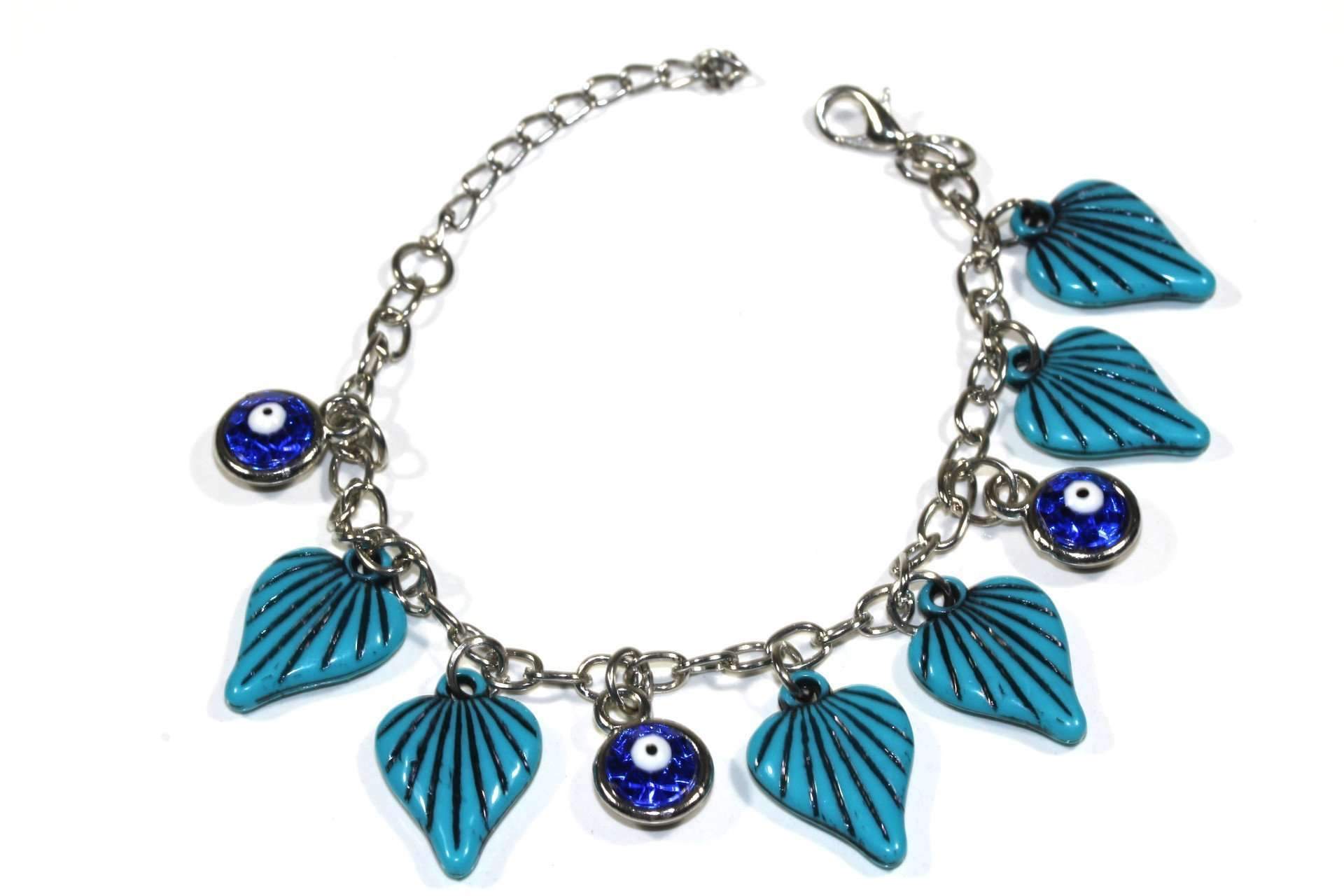 Bodhi Leaf and Evil Eye Bracelet featuring glass and acrylic beads with a lobster clasp closure, symbolizing enlightenment and protection.