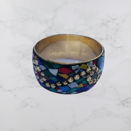 Bohotusk Rainbow Mosaic Brass Bangle Bracelet featuring colorful stones and intricate mosaic design.