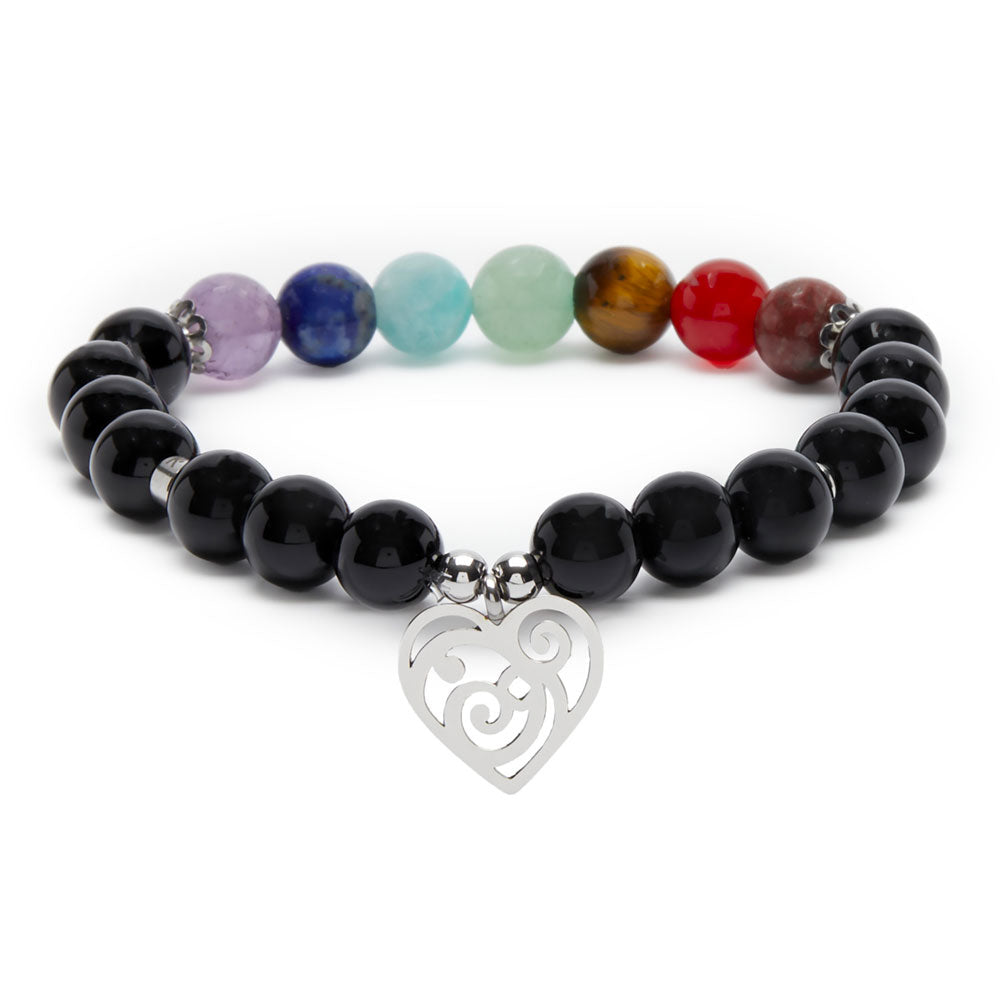 Bracelet 7 Chakras 'Guérison & Amour' avec pierres naturelles et pendentif en acier inoxydable en forme de cœur.