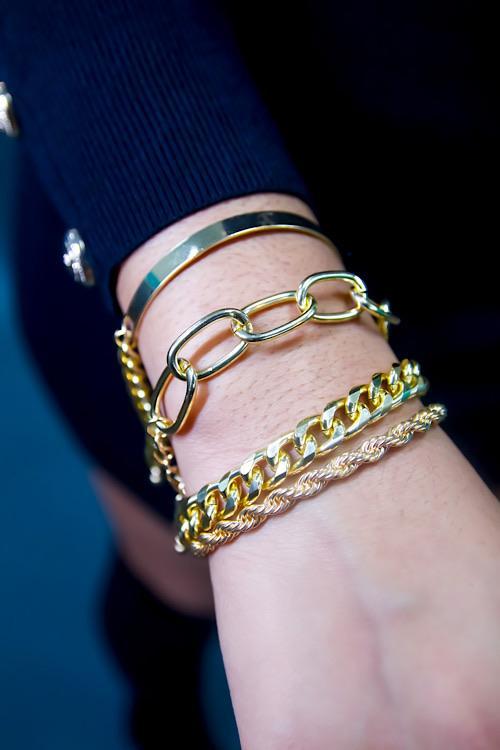 Boujee Red Collection Run It Up bracelet featuring triple pearl and gold link chain design, perfect for special occasions and casual wear.