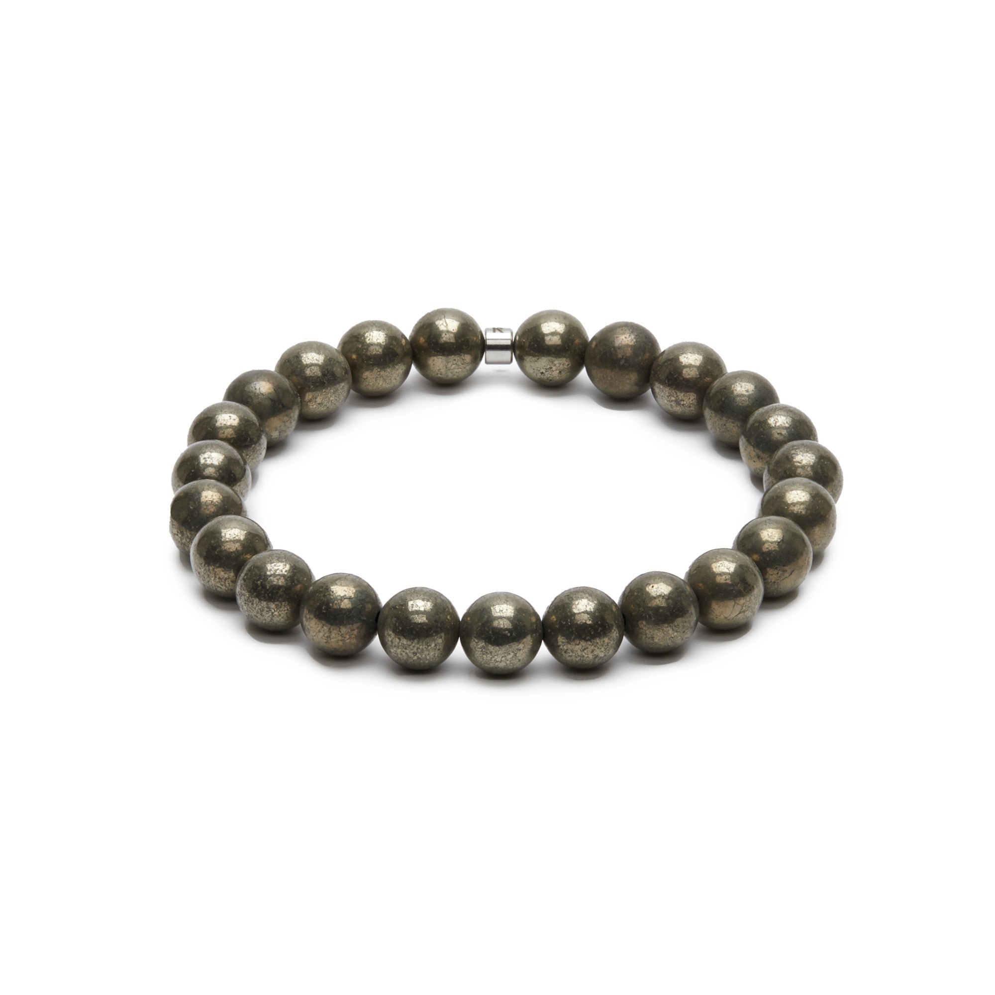 Bracelet en pyrite 'Energie' avec perles brillantes, symbolisant richesse et créativité, sur fond neutre.
