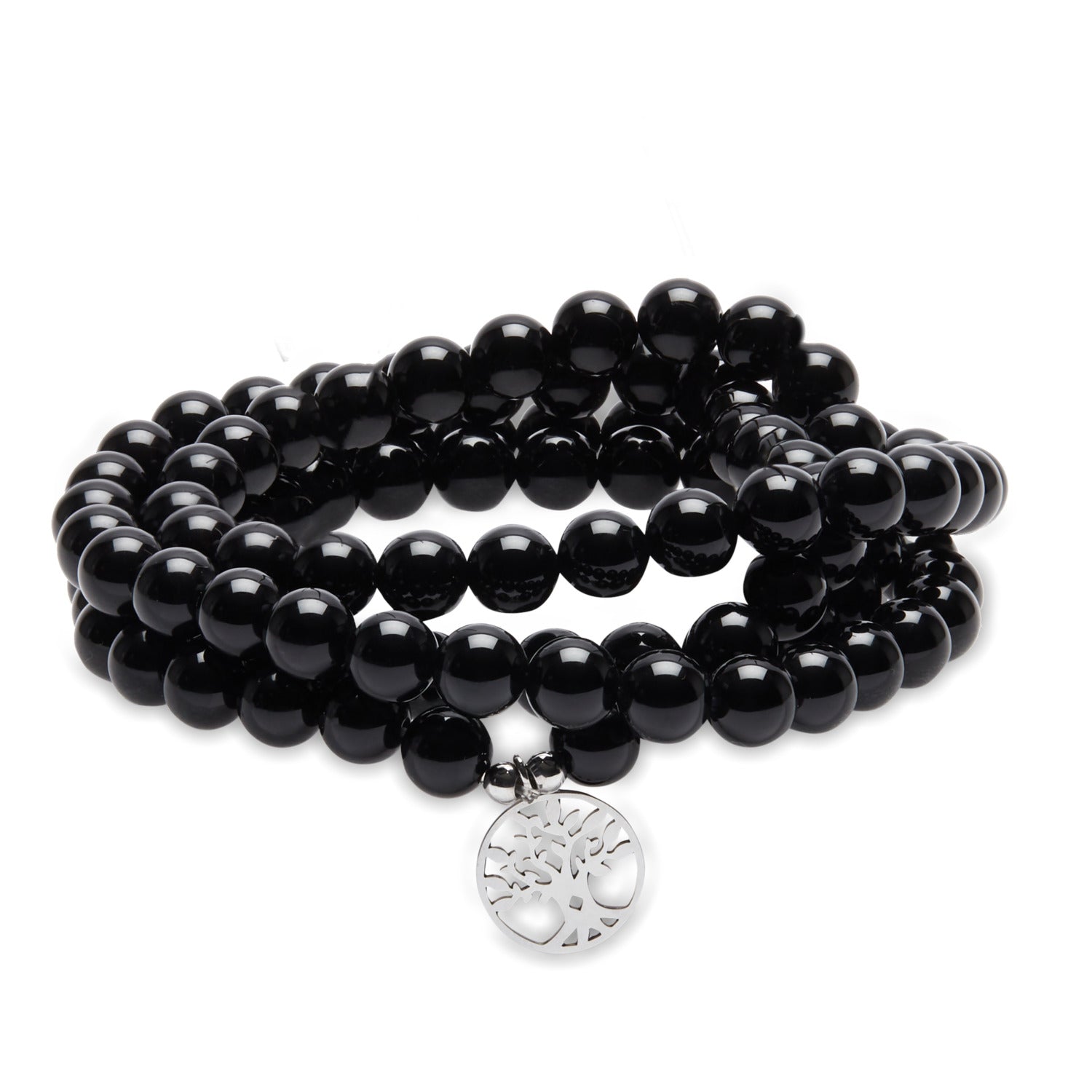 Bracelet Mala 'Ancrage' en Onyx avec 108 perles naturelles, symbole de l'Arbre de Vie, élégant et durable.