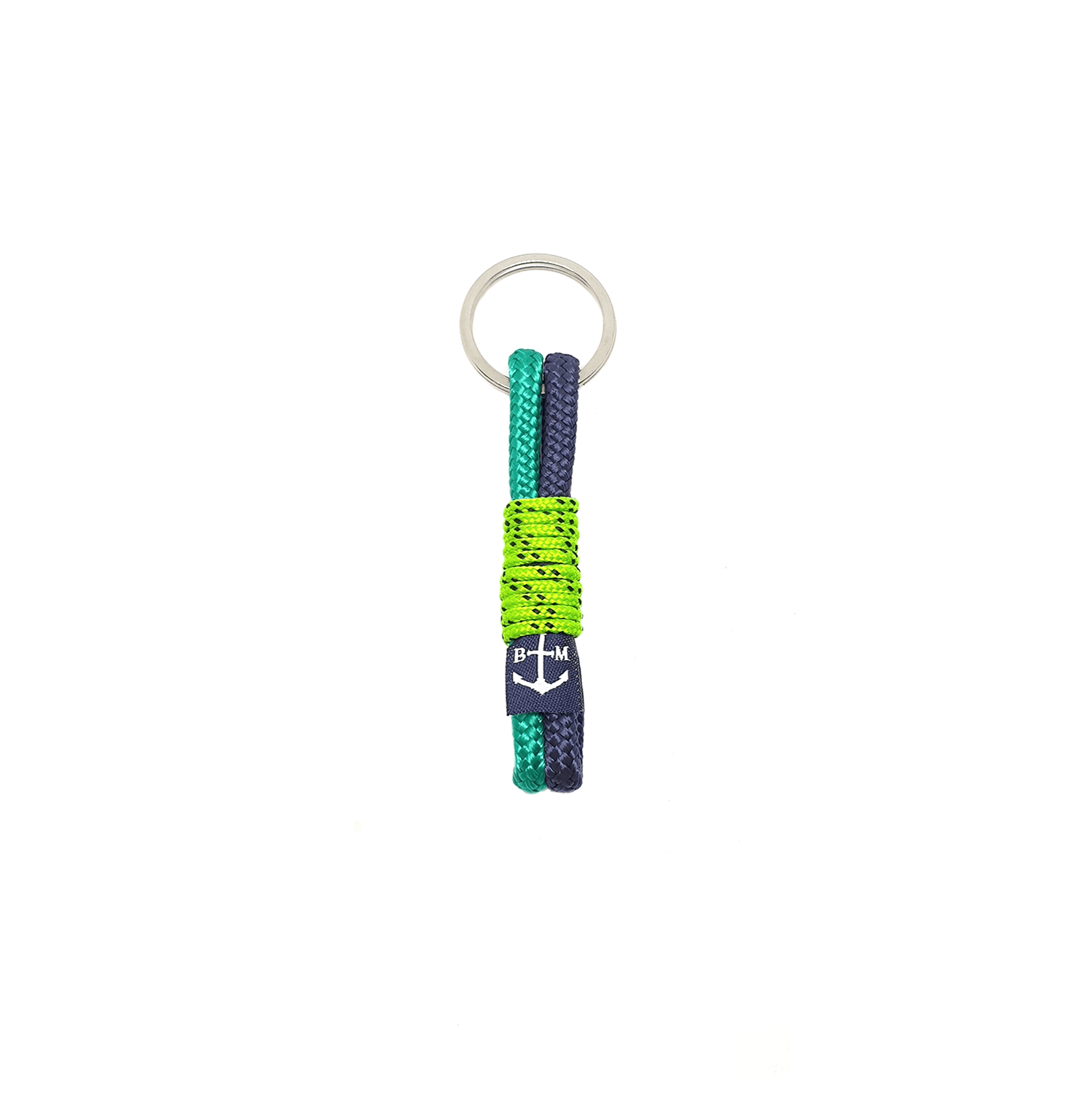 Cadhla Handmade Keychain featuring blue and green nautical ropes, showcasing its unique design and craftsmanship.