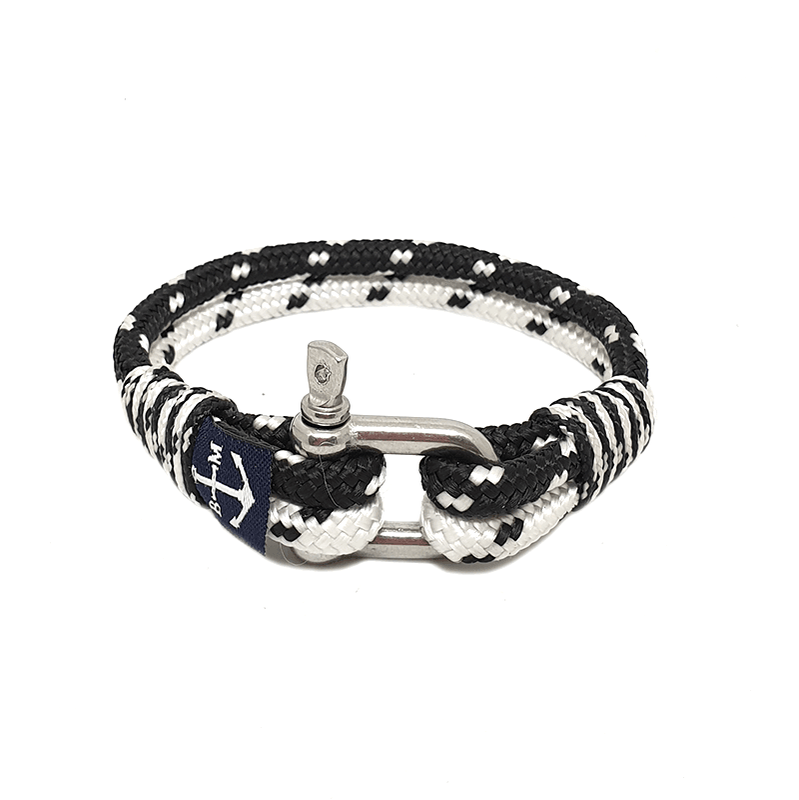 Caspian Sea Nautical Bracelet featuring blue and white nautical ropes with a stainless steel shackle, elegantly displayed.