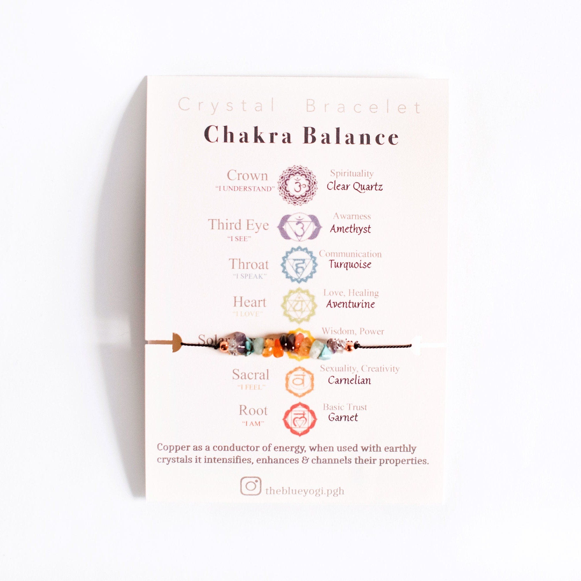 Chakra Balance crystal bracelet/anklet made from natural gemstones and eco-friendly hemp cord, featuring a tie closure and Mandala art card.
