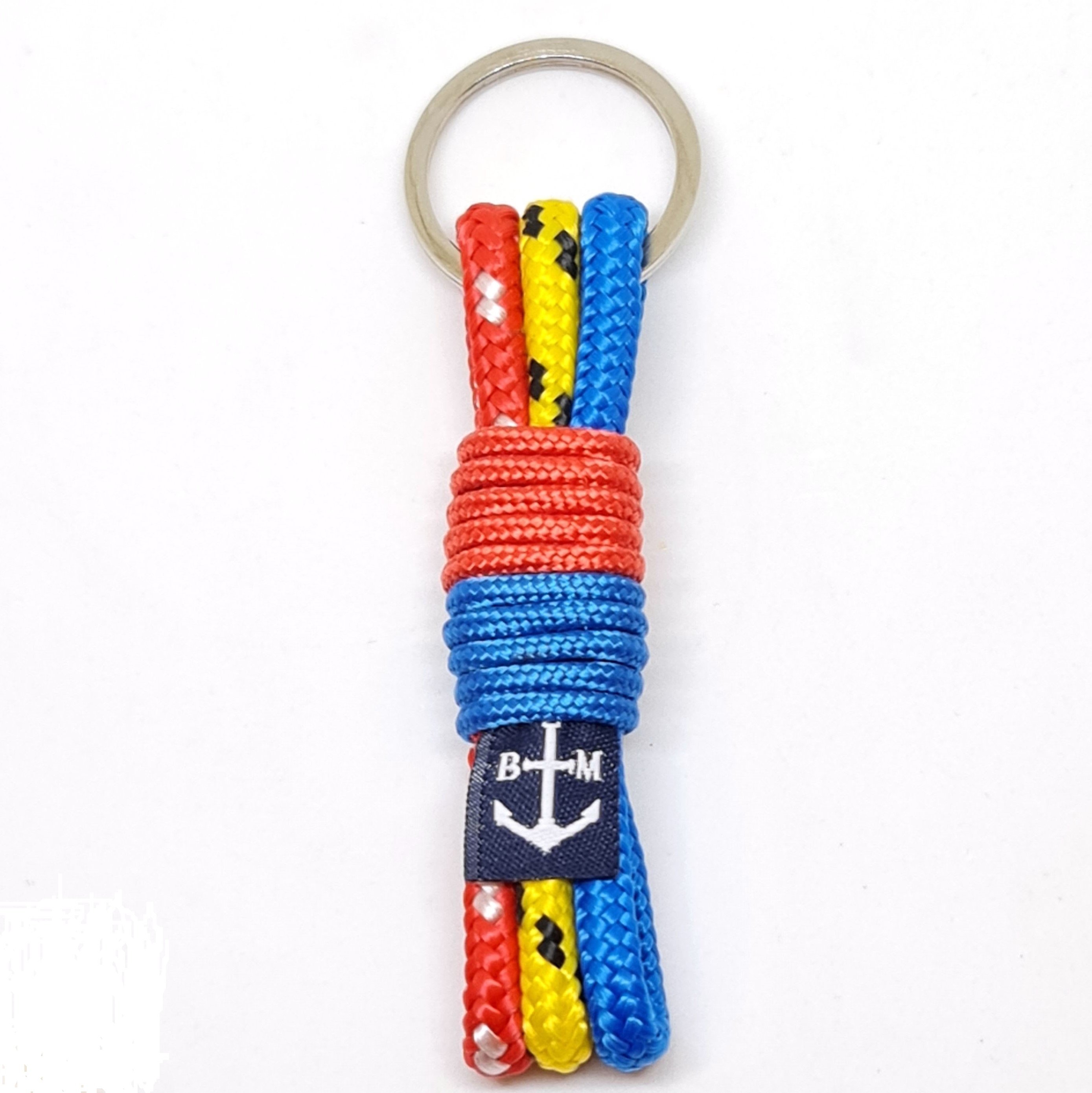 Cillian Keychain made from durable nautical ropes in blue, yellow, and red colors, showcasing handmade craftsmanship from Dublin, Ireland.