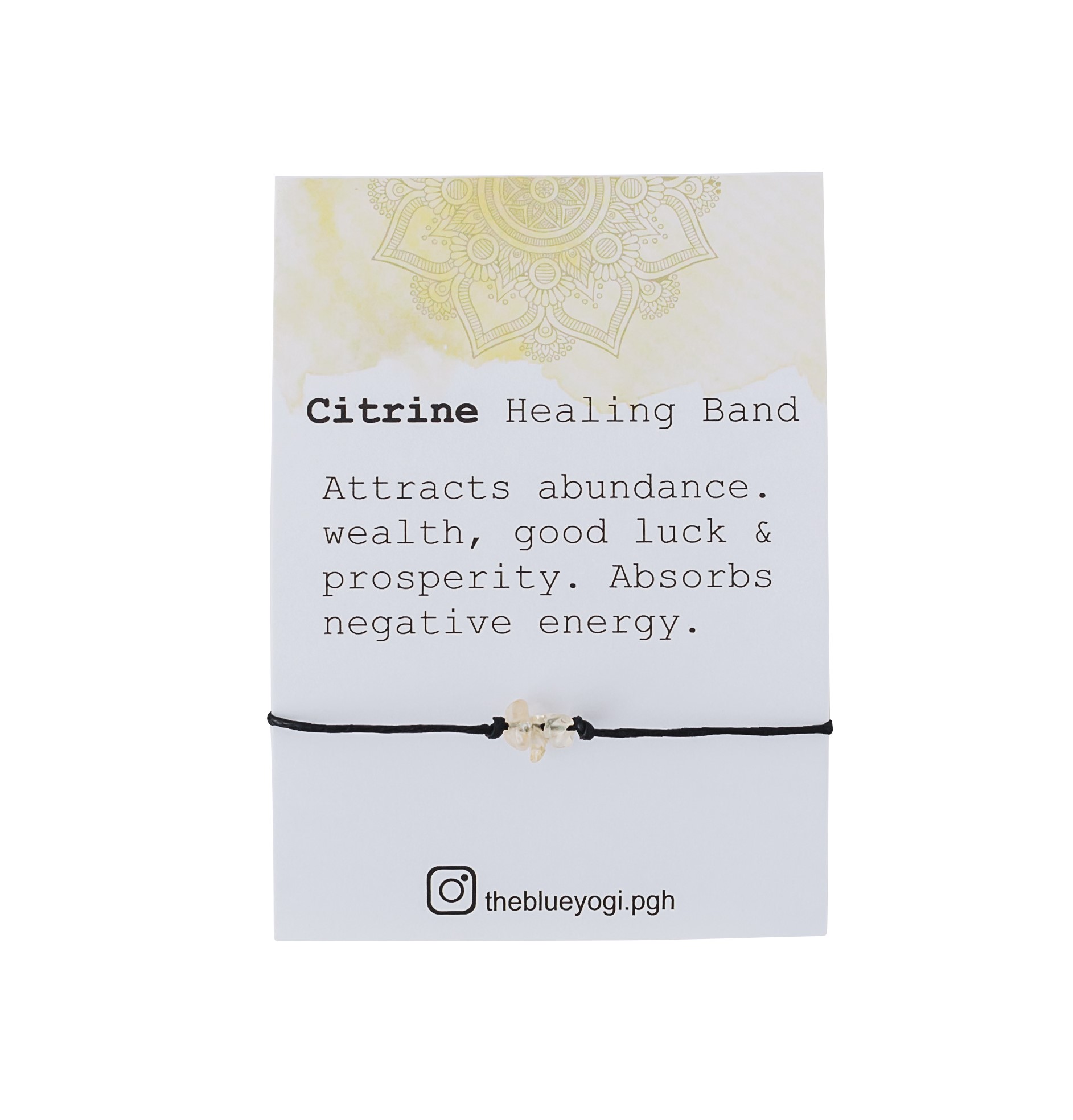 A beautiful Citrine Healing Band featuring natural gemstones, tied with a closure, accompanied by a watercolor Mandala art card.