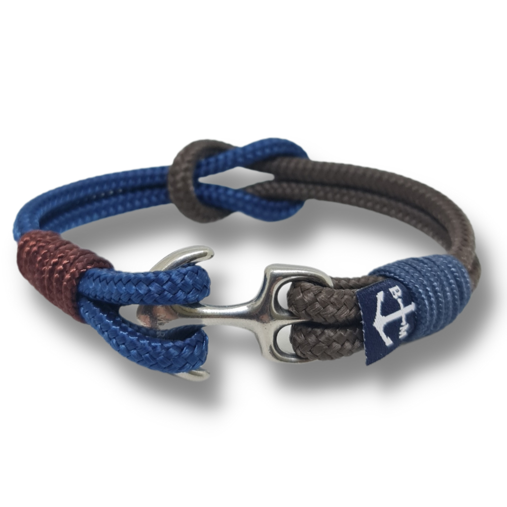 Cliona Nautical Bracelet featuring blue and white sailing ropes with a stainless steel shackle, elegantly displayed on a wrist.