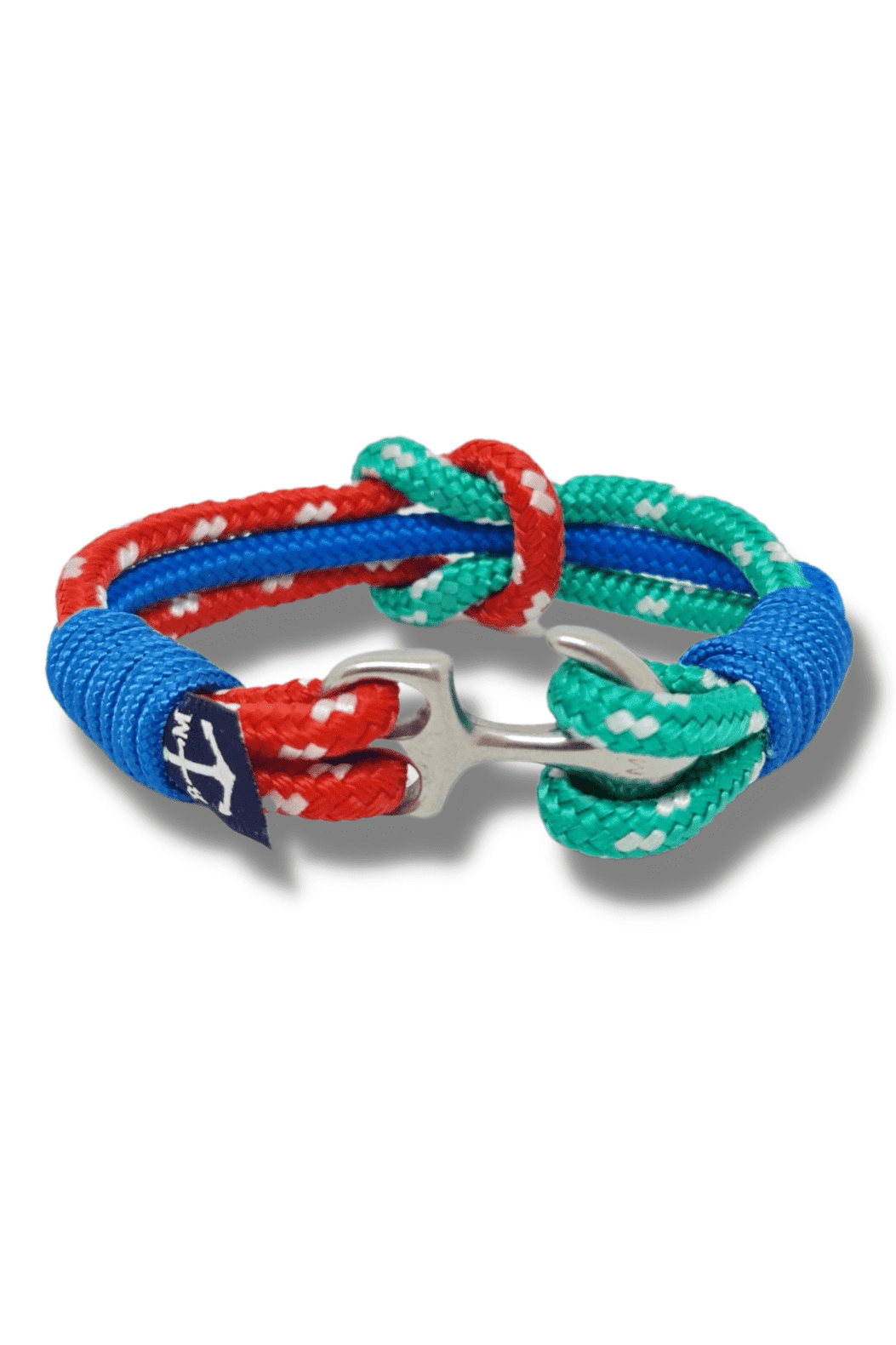 Drogheda Nautical Bracelet featuring red, blue, and green nautical ropes with a stainless steel shackle, handmade in Dublin, Ireland.