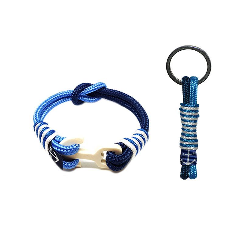 Dublin Nautical Bracelet and Keychain featuring blue sailing ropes and a wooden anchor, showcasing elegant craftsmanship.