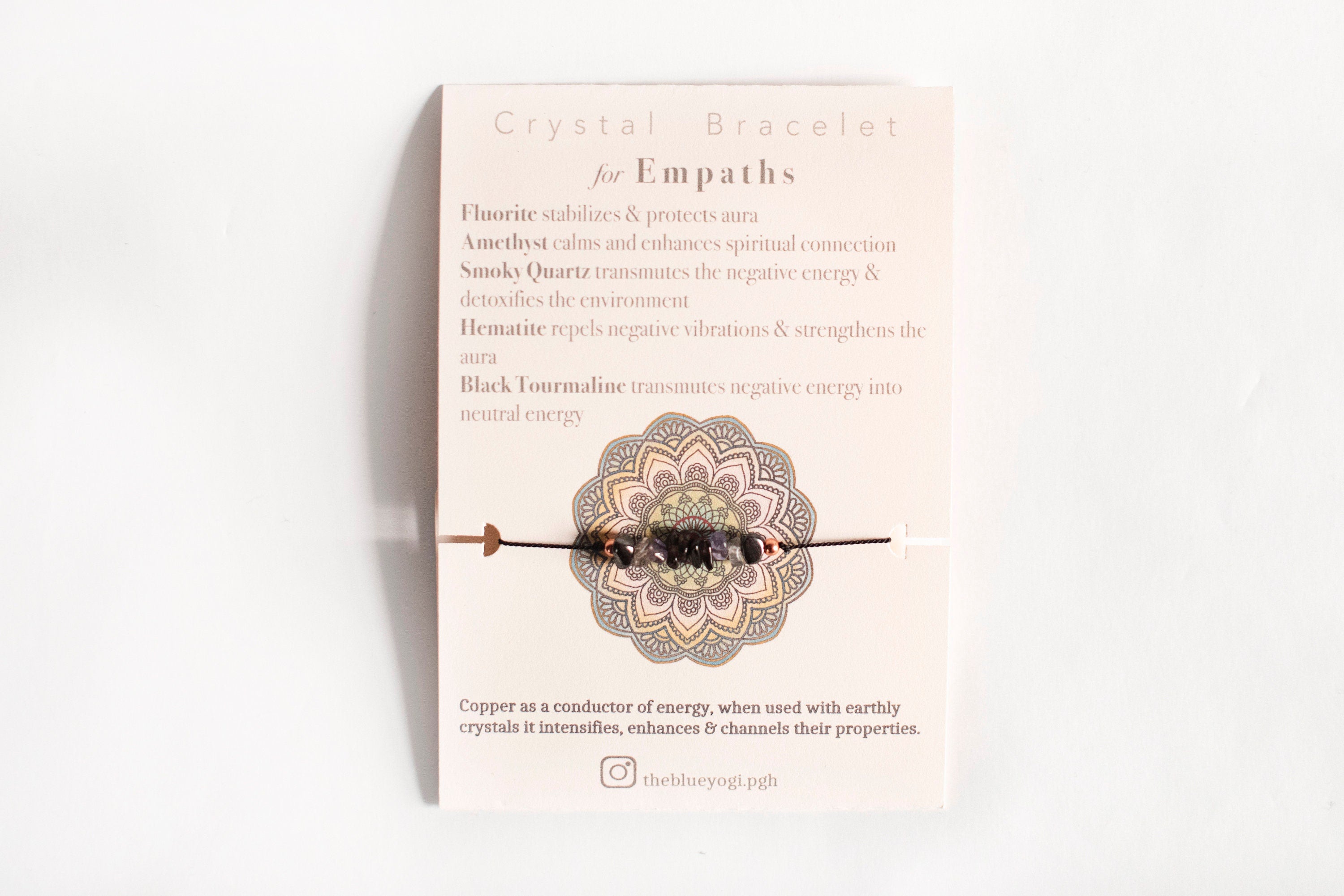 Empath crystal bracelet anklet featuring natural gemstones with a tie closure, displayed with a watercolor Mandala art card.