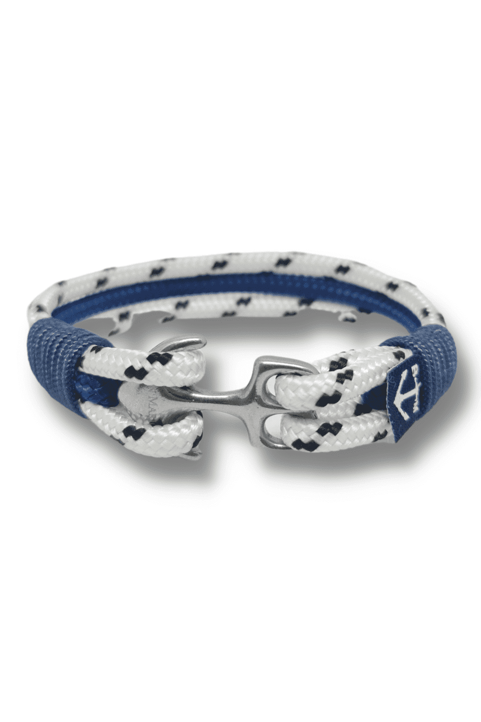 Fintan Nautical Bracelet featuring blue and white nautical ropes with a stainless steel shackle, elegantly displayed on a wrist.