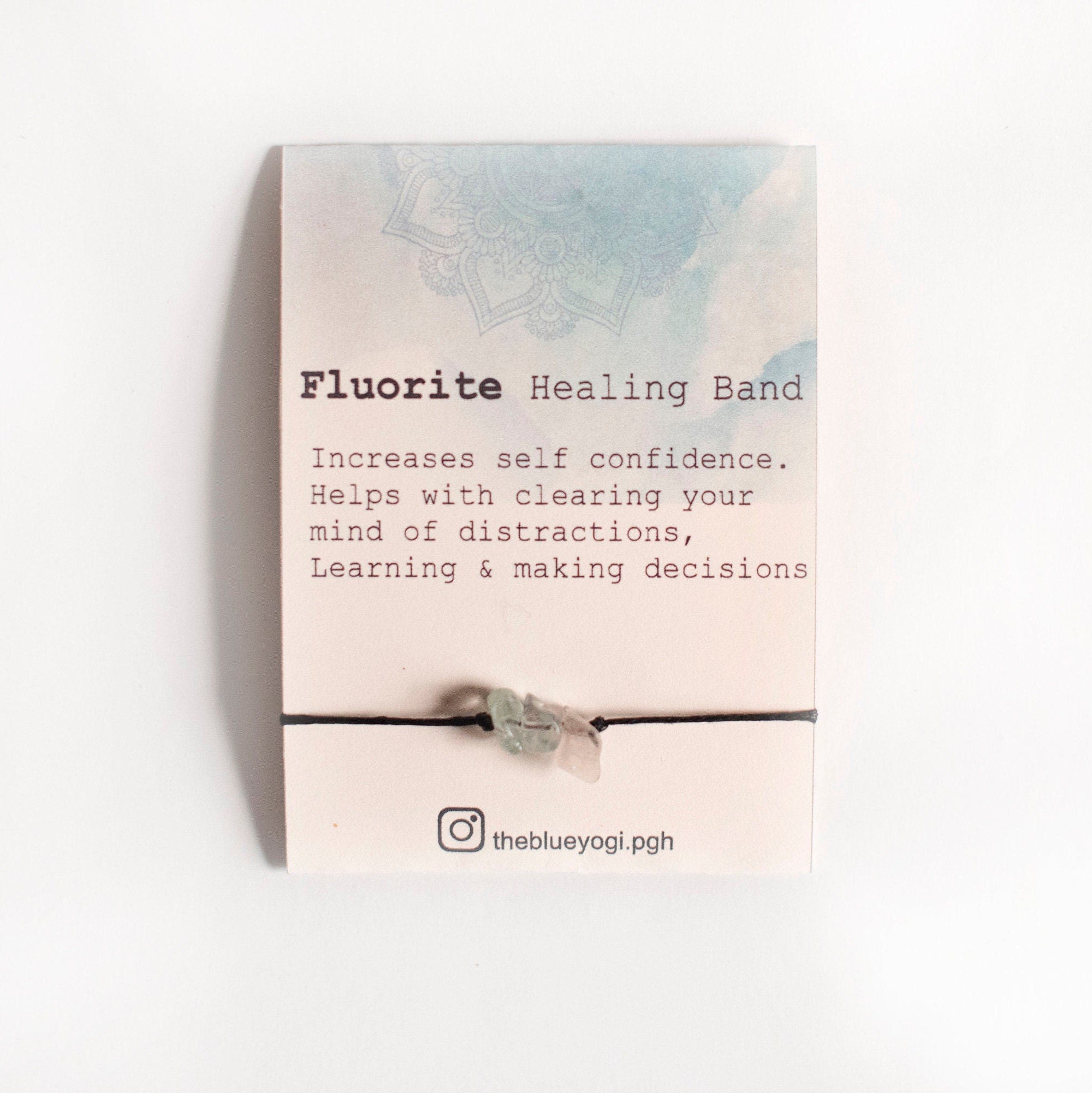 Fluorite Healing Band featuring natural gemstones with a tie closure, displayed with a watercolor Mandala card.